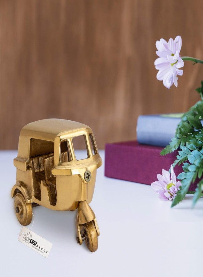 DEVDECOR Brass Auto Rickshaw Showpiece - Handcrafted Vintage Auto Toy for Home, Office Desk & TV Unit | Brass Miniature Tuk-Tuk Gift & Antique Decor Item (Golden, Small) - Image 2